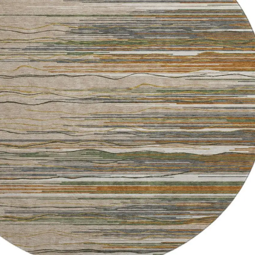 8' Taupe Green And Rust Striped Washable Round Rug With UV Protection Photo 2