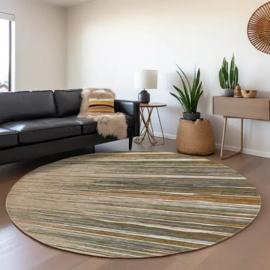 8' Taupe Green And Rust Striped Washable Round Rug With UV Protection Photo 4