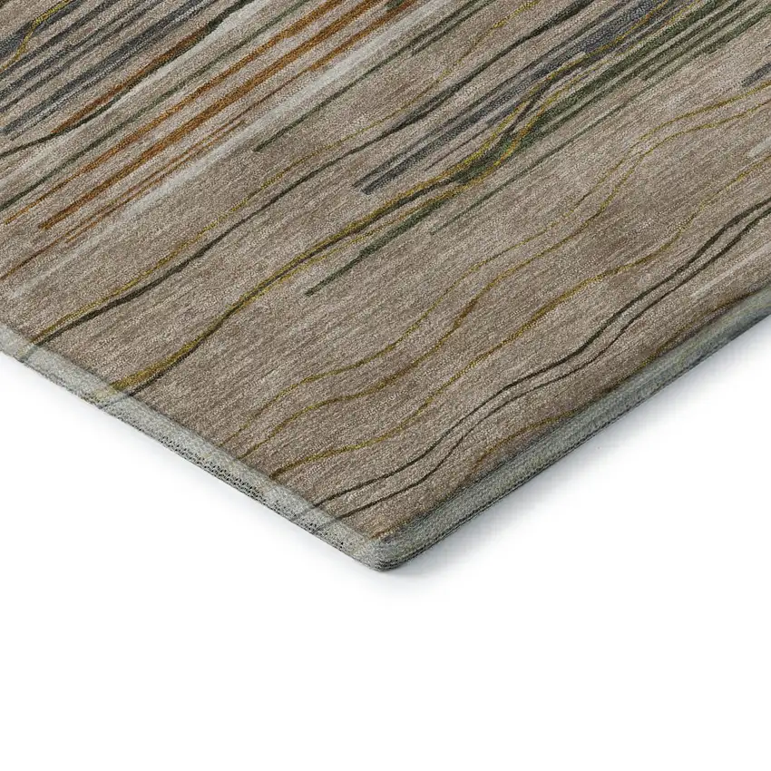 8' Taupe Green And Rust Striped Washable Round Rug With UV Protection Photo 6