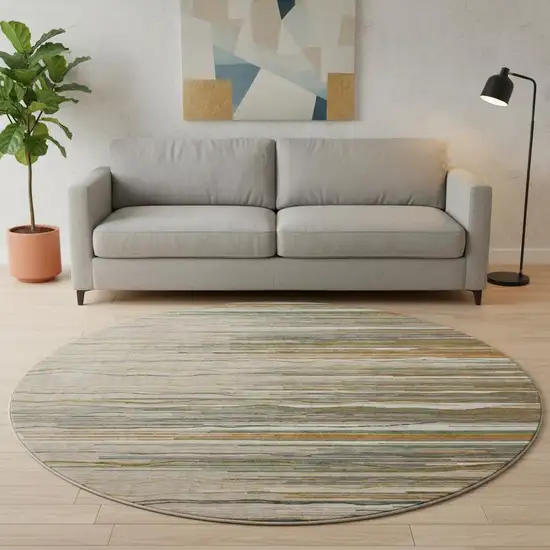 8' Taupe Green And Rust Striped Washable Round Rug With UV Protection Photo 2