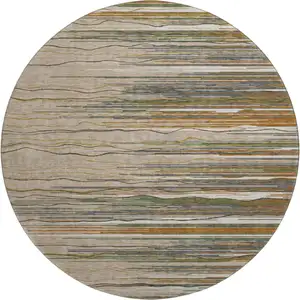 Photo of 8' Taupe Green And Rust Striped Washable Round Rug With UV Protection