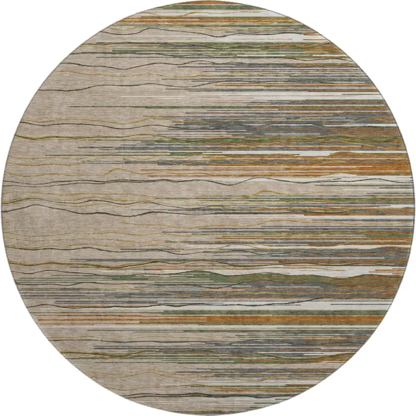 8' Taupe Green And Rust Striped Washable Round Rug With UV Protection Photo 1