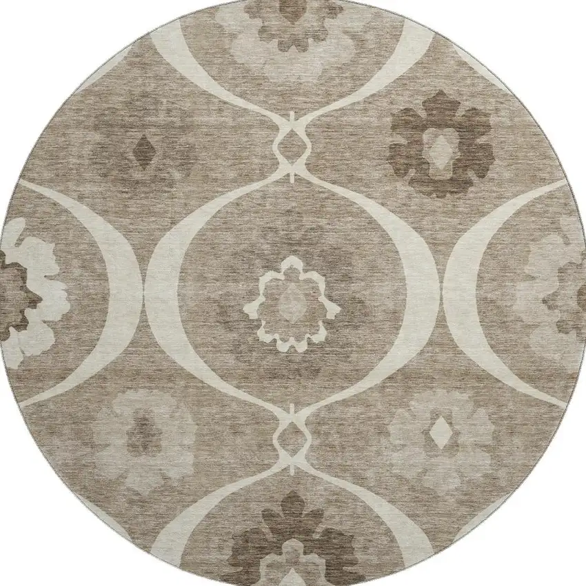 8' Taupe Ivory And Beige Medallion Washable Round Rug With UV Protection Photo 4