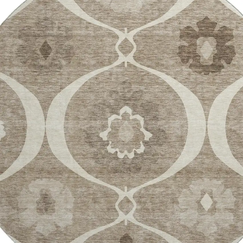 8' Taupe Ivory And Beige Medallion Washable Round Rug With UV Protection Photo 3