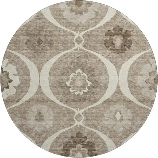 8' Taupe Ivory And Beige Medallion Washable Round Rug With UV Protection Photo 1