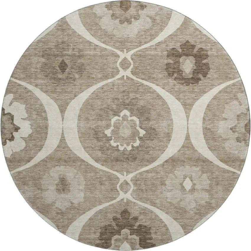 8' Taupe Ivory And Beige Medallion Washable Round Rug With UV Protection Photo 1