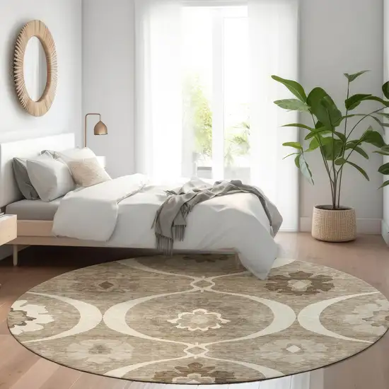 8' Taupe Ivory And Beige Medallion Washable Round Rug With UV Protection Photo 5
