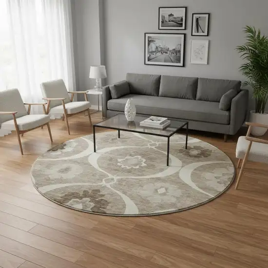 8' Taupe Ivory And Beige Medallion Washable Round Rug With UV Protection Photo 2