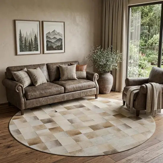 8' Taupe Ivory And Beige Patchwork Washable Round Rug With UV Protection Photo 1