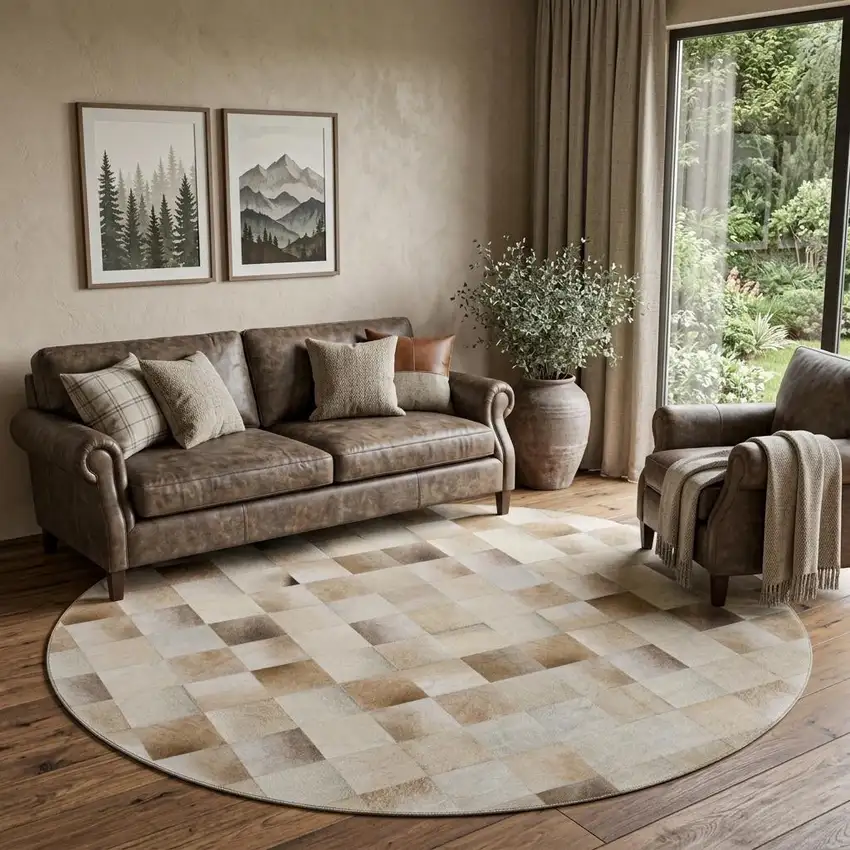 8' Taupe Ivory And Beige Patchwork Washable Round Rug With UV Protection Photo 1