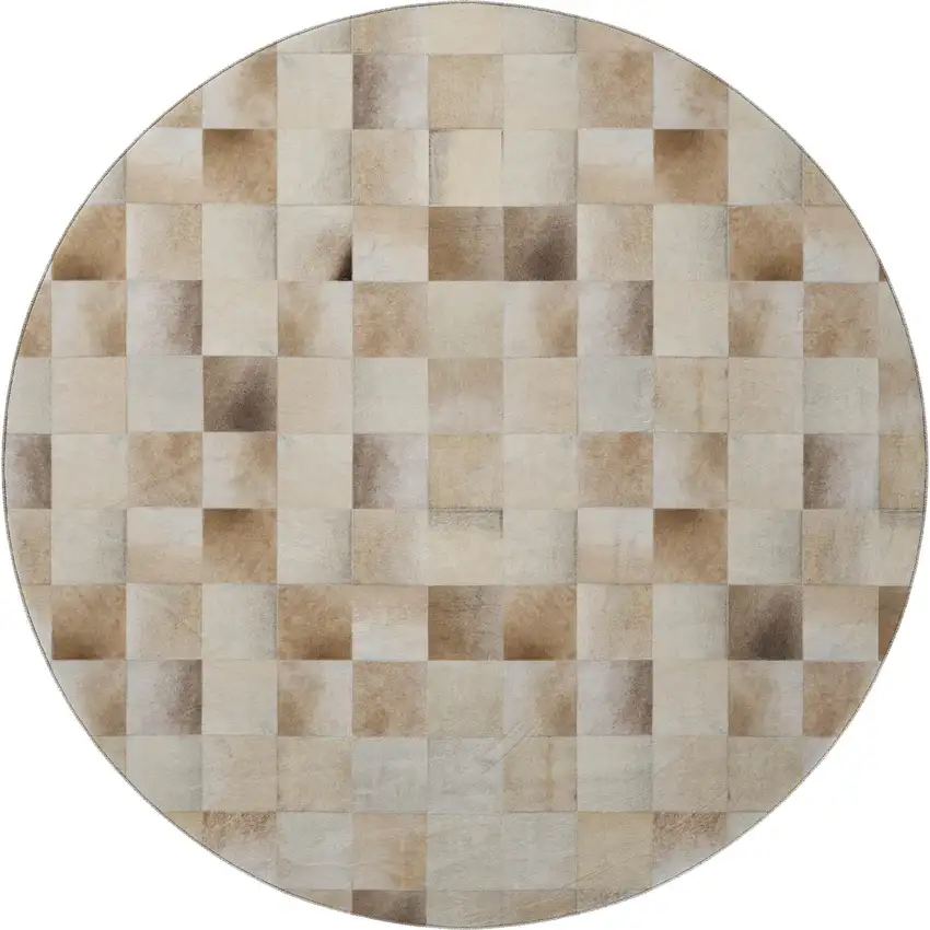 8' Taupe Ivory And Beige Patchwork Washable Round Rug With UV Protection Photo 2