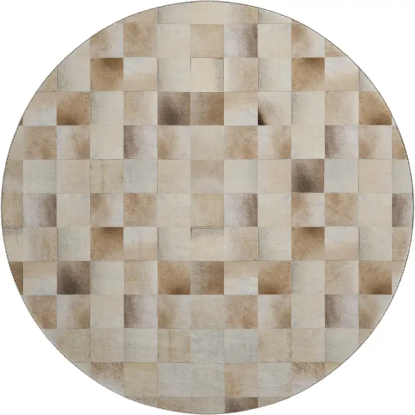8' Taupe Ivory And Beige Patchwork Washable Round Rug With UV Protection Photo 2