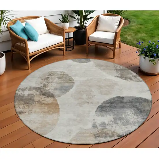 8' Taupe Ivory And Beige Round Abstract Washable Indoor Outdoor Area Rug Photo 1