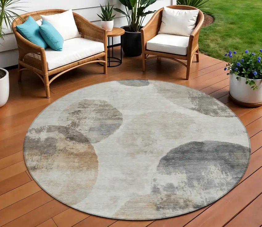 8' Taupe Ivory And Beige Round Abstract Washable Indoor Outdoor Area Rug Photo 1