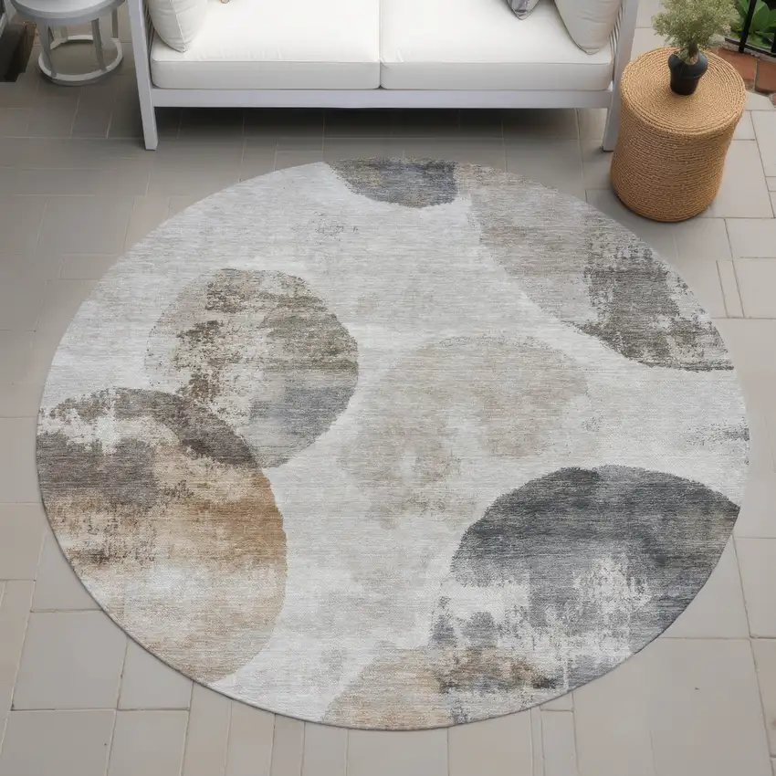 8' Taupe Ivory And Beige Round Abstract Washable Indoor Outdoor Area Rug Photo 8