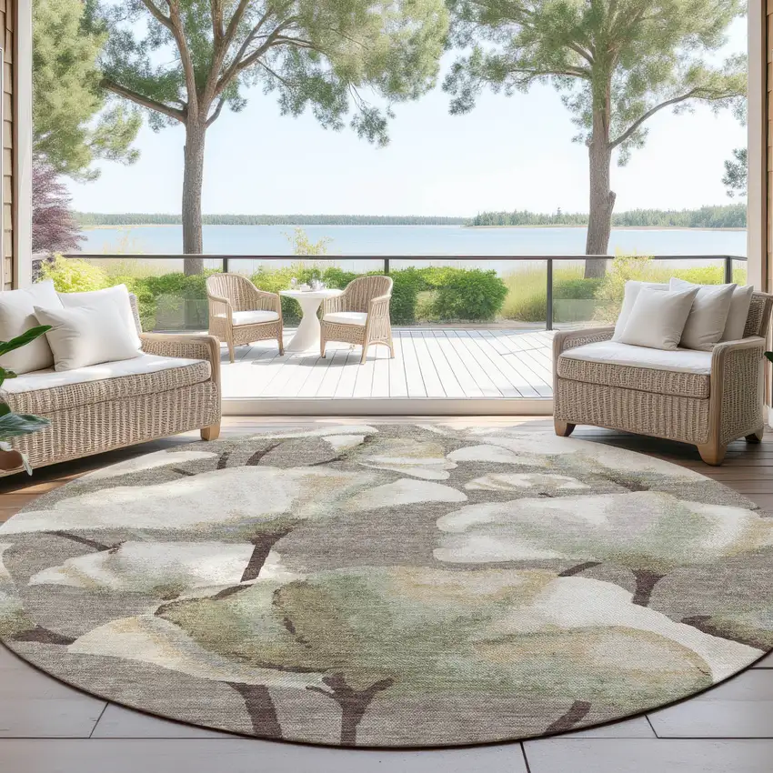 8' Taupe Ivory And Beige Round Botanical Leaves Washable Indoor Outdoor Area Rug Photo 4