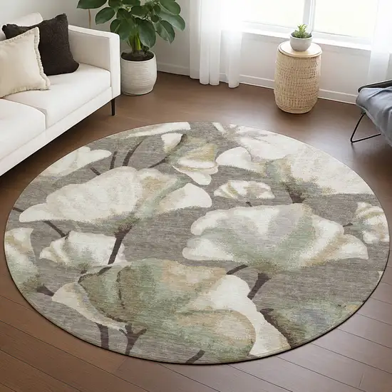 8' Taupe Ivory And Beige Round Botanical Leaves Washable Indoor Outdoor Area Rug Photo 5