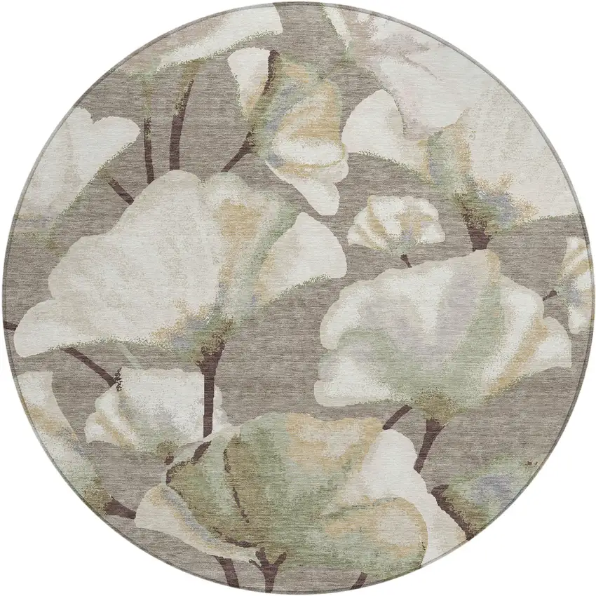 8' Taupe Ivory And Beige Round Botanical Leaves Washable Indoor Outdoor Area Rug Photo 1