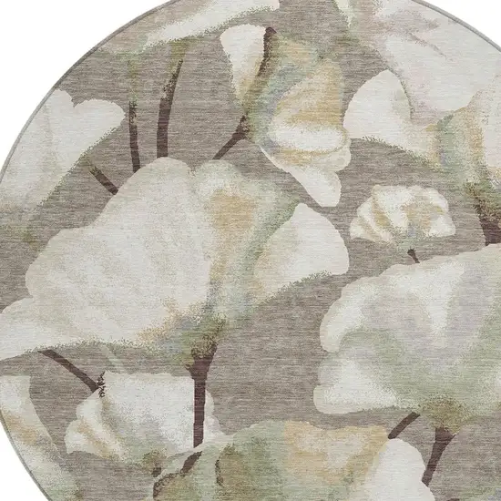 8' Taupe Ivory And Beige Round Botanical Leaves Washable Indoor Outdoor Area Rug Photo 2