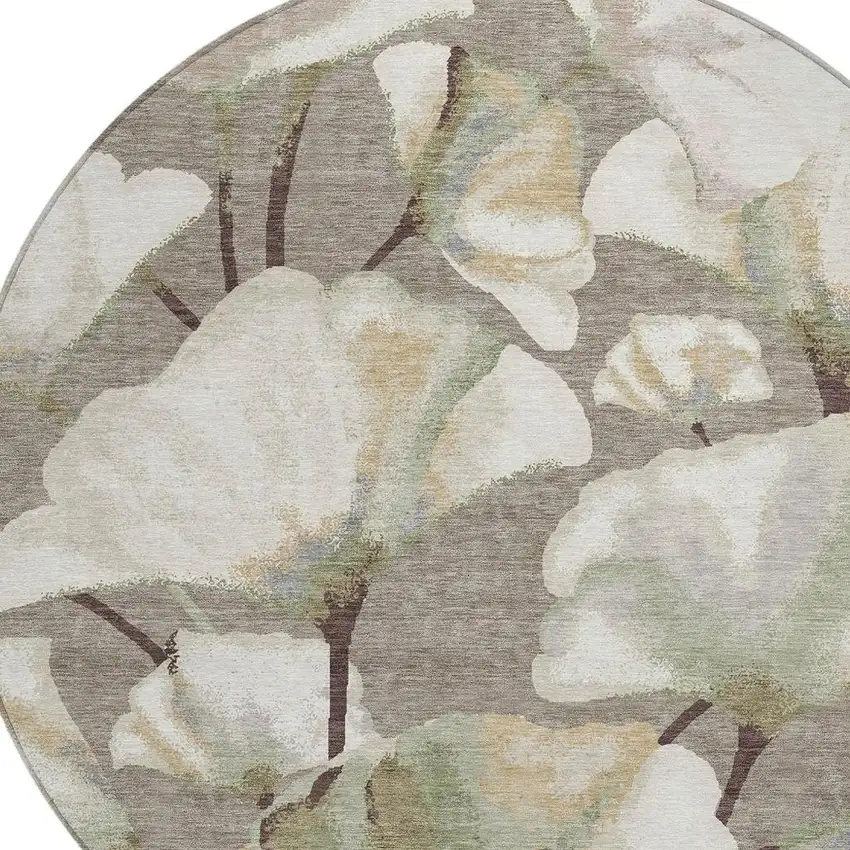 8' Taupe Ivory And Beige Round Botanical Leaves Washable Indoor Outdoor Area Rug Photo 2