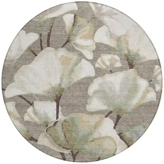 8' Taupe Ivory And Beige Round Botanical Leaves Washable Indoor Outdoor Area Rug Photo 3