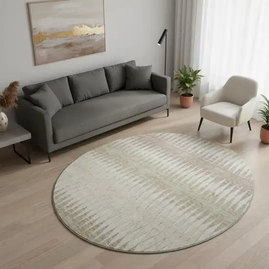 8' Taupe Ivory And Beige Striped Washable Round Rug With UV Protection Photo 2