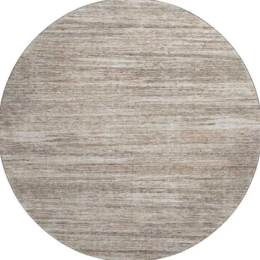 8' Taupe Ivory And Beige Striped Washable Round Rug With UV Protection Photo 4