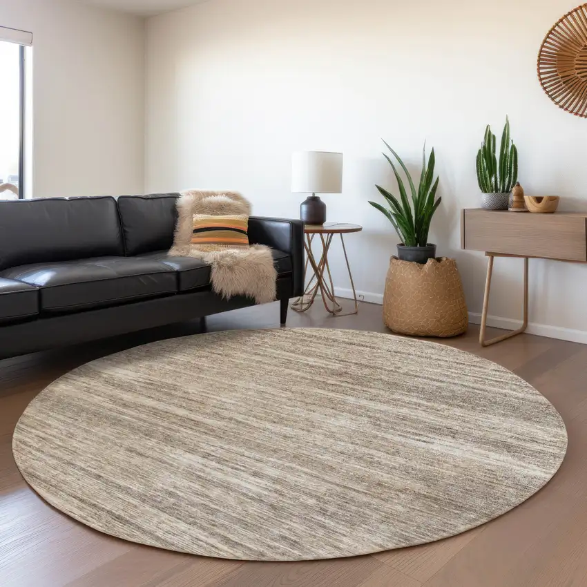 8' Taupe Ivory And Beige Striped Washable Round Rug With UV Protection Photo 5