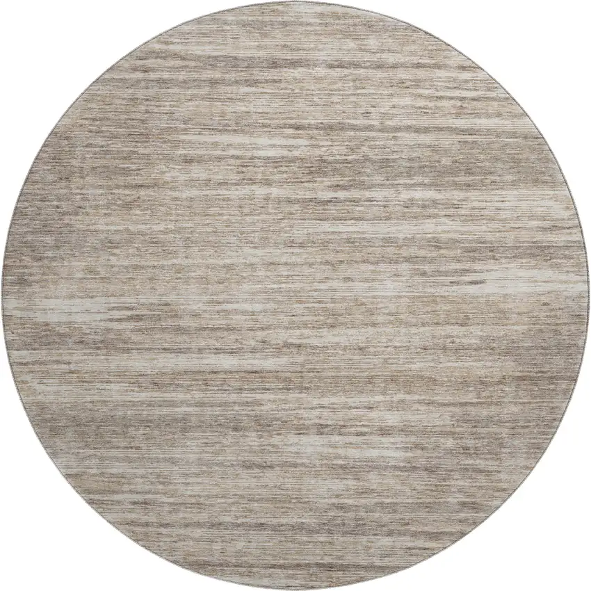 8' Taupe Ivory And Beige Striped Washable Round Rug With UV Protection Photo 1