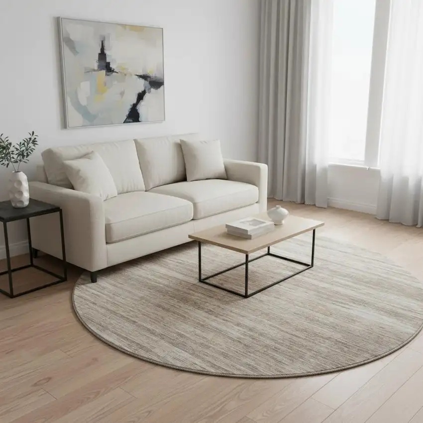 8' Taupe Ivory And Beige Striped Washable Round Rug With UV Protection Photo 2