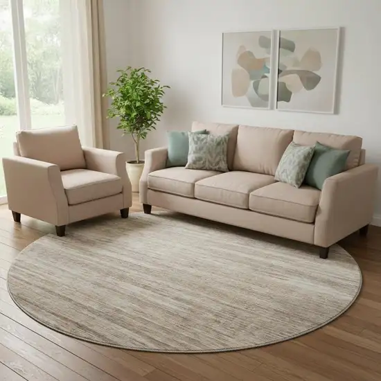 8' Taupe Ivory And Beige Striped Washable Round Rug With UV Protection Photo 1