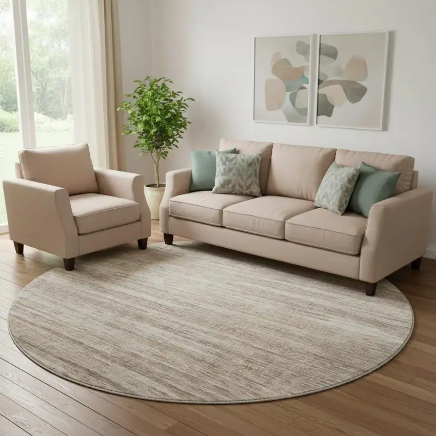 8' Taupe Ivory And Beige Striped Washable Round Rug With UV Protection Photo 1