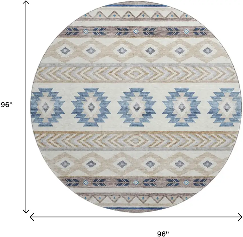 8' Taupe Ivory And Blue Geometric Washable Round Rug With UV Protection Photo 3