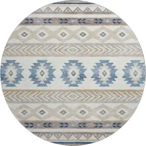 Photo of 8' Taupe Ivory And Blue Geometric Washable Round Rug With UV Protection