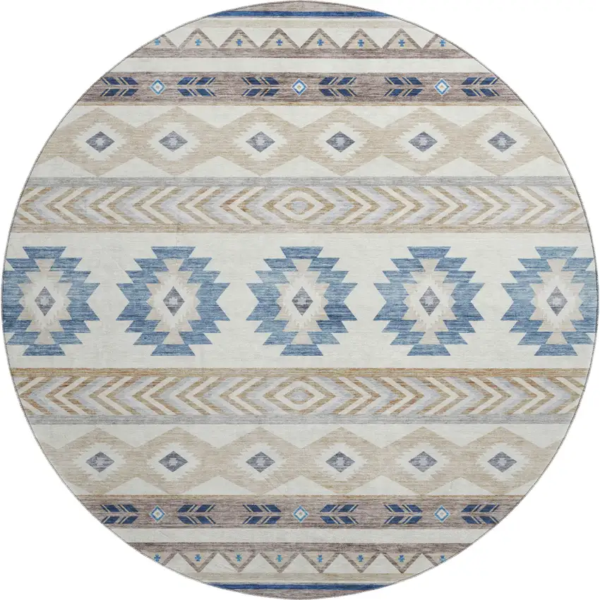 8' Taupe Ivory And Blue Geometric Washable Round Rug With UV Protection Photo 1