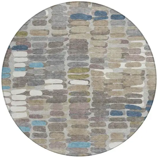 8' Taupe Ivory And Blue Round Abstract Washable Indoor Outdoor Area Rug Photo 4