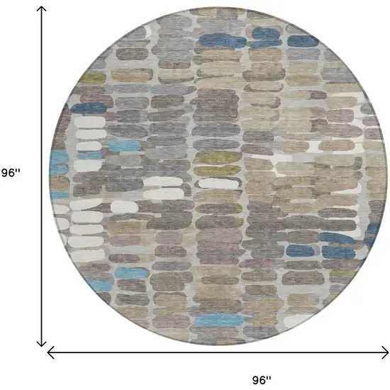 8' Taupe Ivory And Blue Round Abstract Washable Indoor Outdoor Area Rug Photo 3