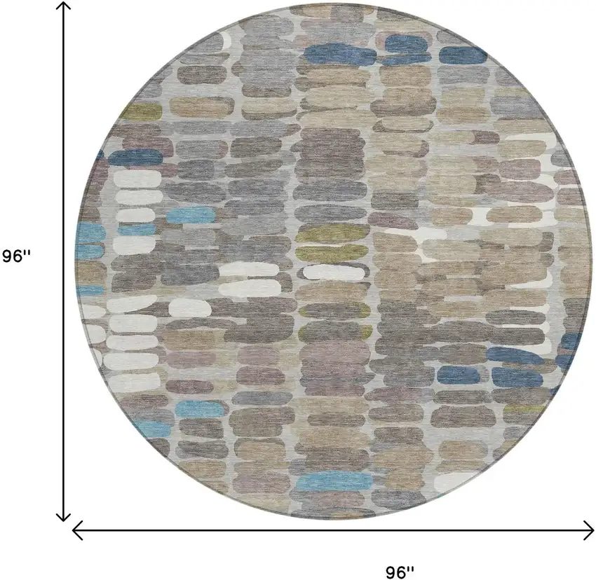 8' Taupe Ivory And Blue Round Abstract Washable Indoor Outdoor Area Rug Photo 3