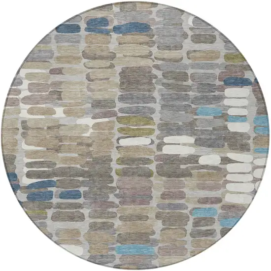 8' Taupe Ivory And Blue Round Abstract Washable Indoor Outdoor Area Rug Photo 5