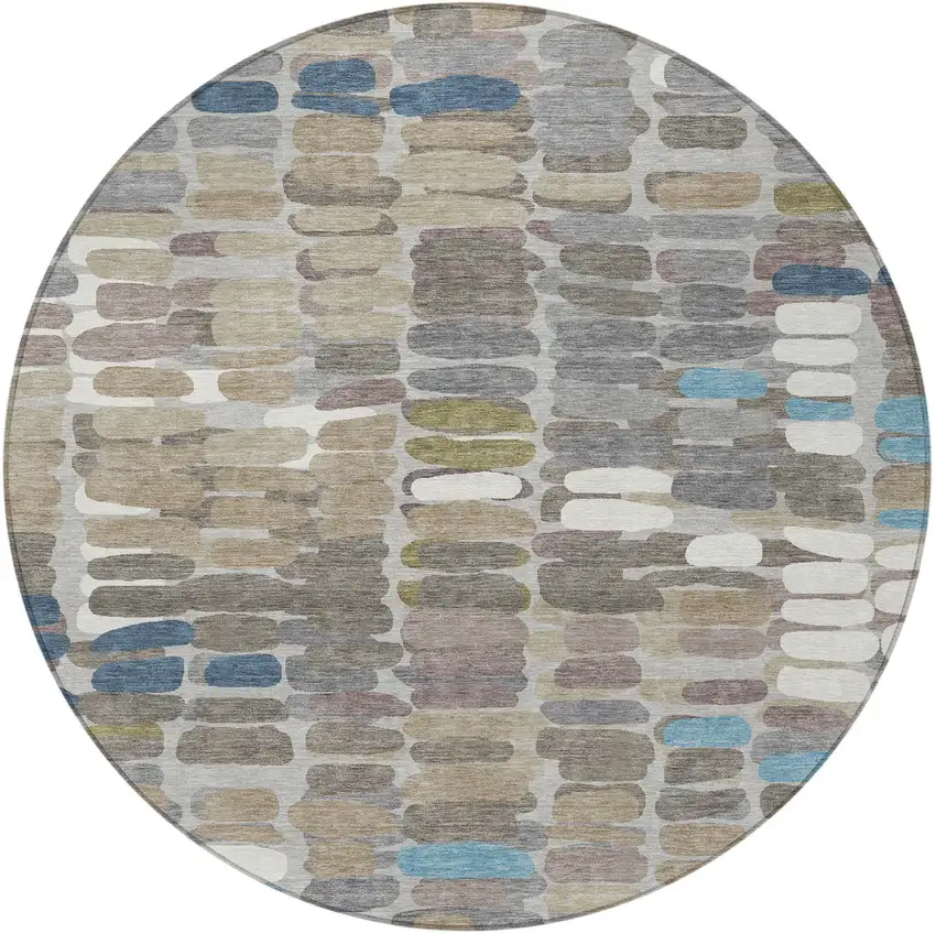 8' Taupe Ivory And Blue Round Abstract Washable Indoor Outdoor Area Rug Photo 5