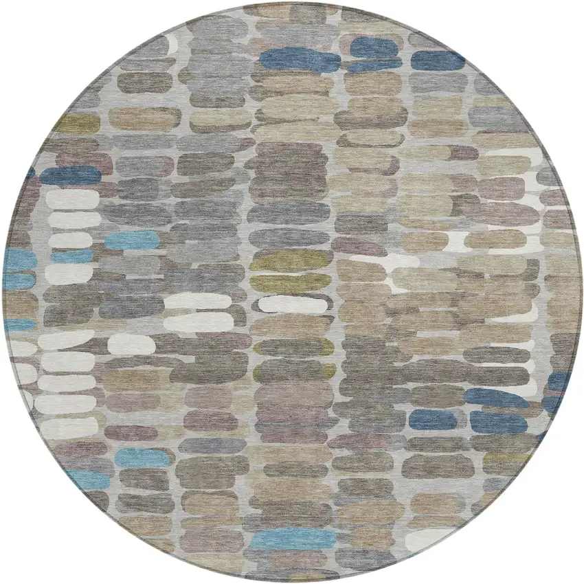 8' Taupe Ivory And Blue Round Abstract Washable Indoor Outdoor Area Rug Photo 2