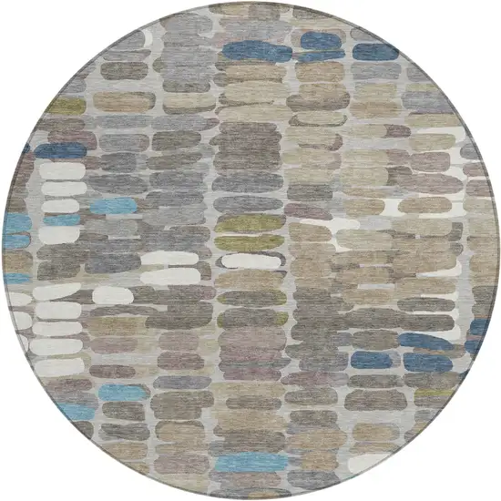 8' Taupe Ivory And Blue Round Abstract Washable Indoor Outdoor Area Rug Photo 2
