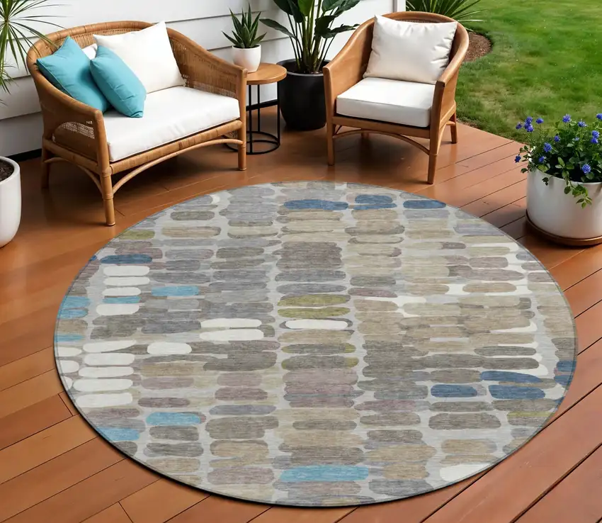8' Taupe Ivory And Blue Round Abstract Washable Indoor Outdoor Area Rug Photo 1