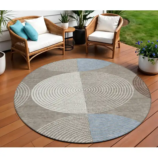 8' Taupe Ivory And Blue Round Geometric Washable Indoor Outdoor Area Rug Photo 1