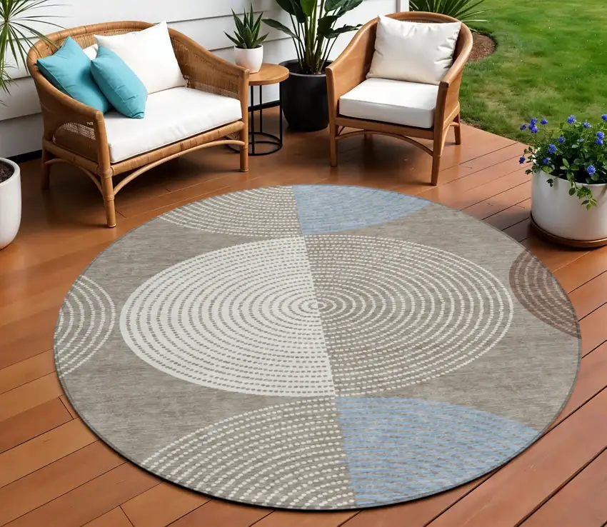 8' Taupe Ivory And Blue Round Geometric Washable Indoor Outdoor Area Rug Photo 1
