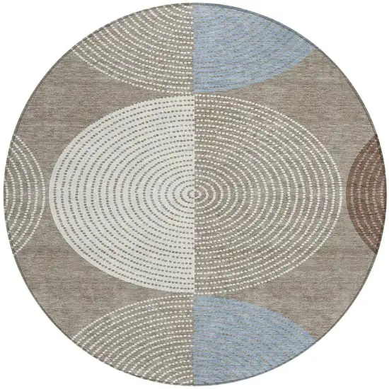 8' Taupe Ivory And Blue Round Geometric Washable Indoor Outdoor Area Rug Photo 4