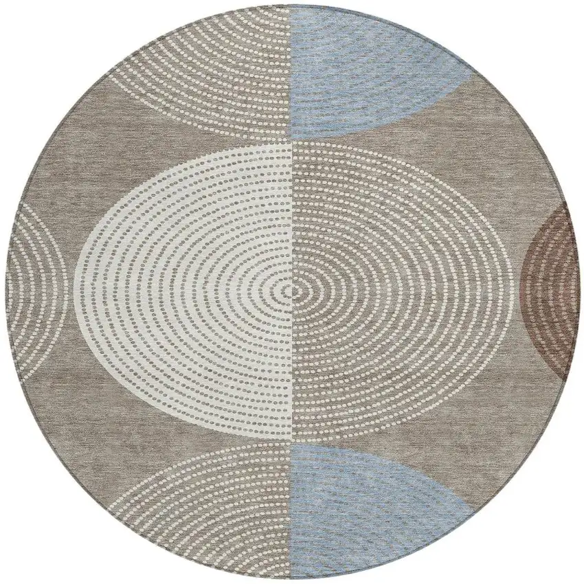8' Taupe Ivory And Blue Round Geometric Washable Indoor Outdoor Area Rug Photo 4