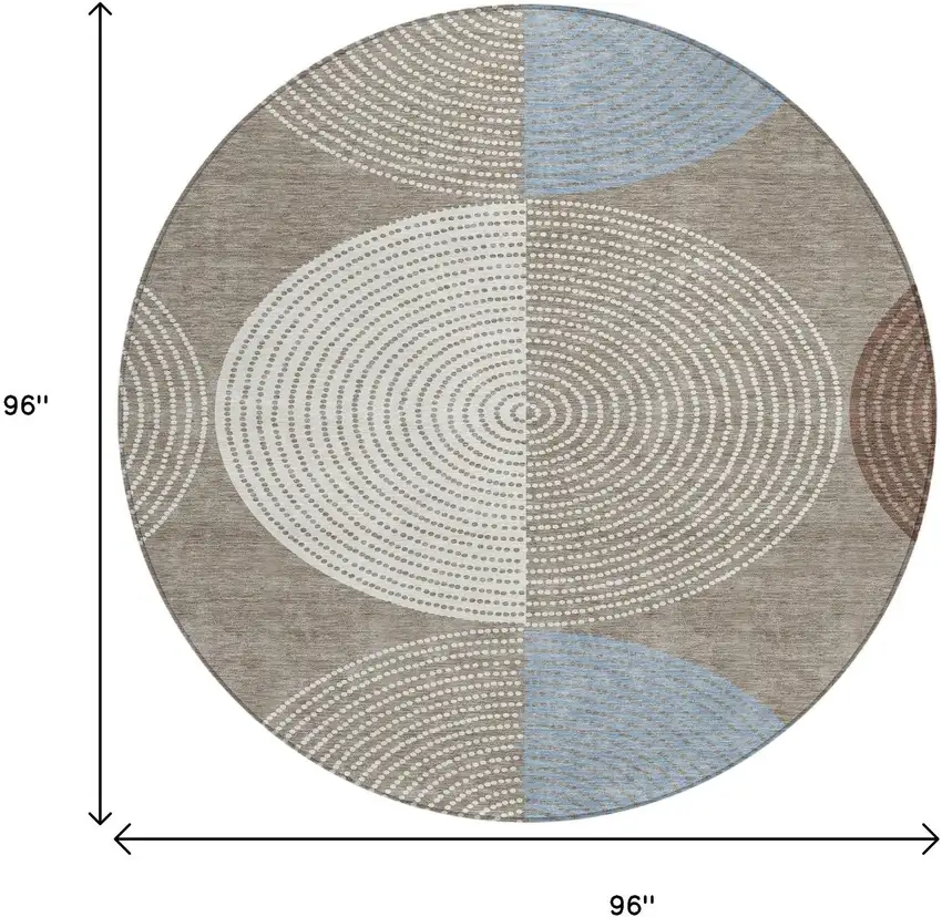 8' Taupe Ivory And Blue Round Geometric Washable Indoor Outdoor Area Rug Photo 3