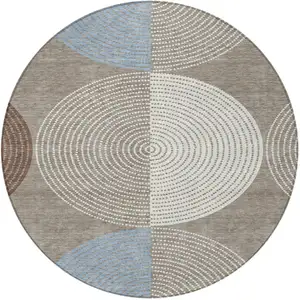Photo of 8' Taupe Ivory And Blue Round Geometric Washable Indoor Outdoor Area Rug