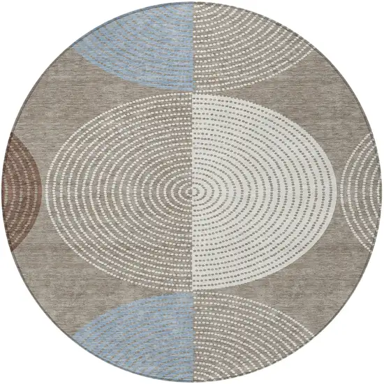 8' Taupe Ivory And Blue Round Geometric Washable Indoor Outdoor Area Rug Photo 5